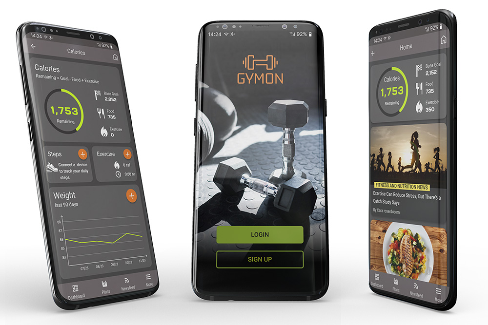 Three mobile screens from the Gymon fitness app
